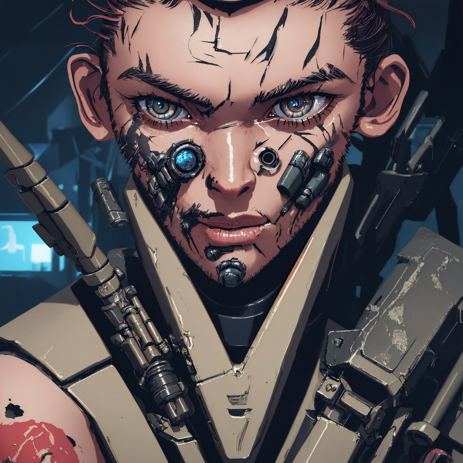 202305192055251670469690-2346072798-masterpiece close-up shot of a commando mercenary in a cyberpunk environment, face scar, mechanical limbs.jpg